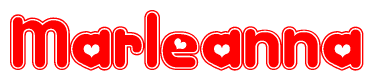 The image is a red and white graphic with the word Marleanna written in a decorative script. Each letter in  is contained within its own outlined bubble-like shape. Inside each letter, there is a white heart symbol.