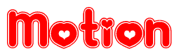 The image displays the word Motion written in a stylized red font with hearts inside the letters.