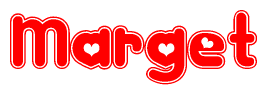The image is a red and white graphic with the word Marget written in a decorative script. Each letter in  is contained within its own outlined bubble-like shape. Inside each letter, there is a white heart symbol.