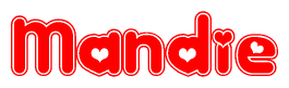 The image is a clipart featuring the word Mandie written in a stylized font with a heart shape replacing inserted into the center of each letter. The color scheme of the text and hearts is red with a light outline.
