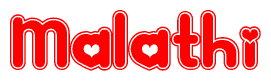The image is a red and white graphic with the word Malathi written in a decorative script. Each letter in  is contained within its own outlined bubble-like shape. Inside each letter, there is a white heart symbol.