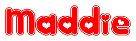 The image is a red and white graphic with the word Maddie written in a decorative script. Each letter in  is contained within its own outlined bubble-like shape. Inside each letter, there is a white heart symbol.