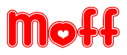 The image is a red and white graphic with the word Moff written in a decorative script. Each letter in  is contained within its own outlined bubble-like shape. Inside each letter, there is a white heart symbol.