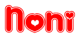 The image is a clipart featuring the word Noni written in a stylized font with a heart shape replacing inserted into the center of each letter. The color scheme of the text and hearts is red with a light outline.
