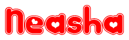 The image is a red and white graphic with the word Neasha written in a decorative script. Each letter in  is contained within its own outlined bubble-like shape. Inside each letter, there is a white heart symbol.