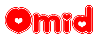 The image displays the word Omid written in a stylized red font with hearts inside the letters.