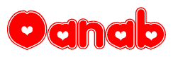 The image is a clipart featuring the word Oanab written in a stylized font with a heart shape replacing inserted into the center of each letter. The color scheme of the text and hearts is red with a light outline.