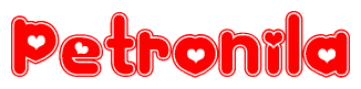 The image is a red and white graphic with the word Petronila written in a decorative script. Each letter in  is contained within its own outlined bubble-like shape. Inside each letter, there is a white heart symbol.