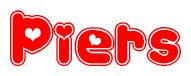 The image is a red and white graphic with the word Piers written in a decorative script. Each letter in  is contained within its own outlined bubble-like shape. Inside each letter, there is a white heart symbol.