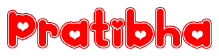 The image displays the word Pratibha written in a stylized red font with hearts inside the letters.
