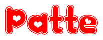 The image displays the word Patte written in a stylized red font with hearts inside the letters.