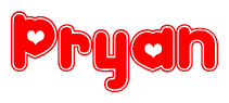 The image is a red and white graphic with the word Pryan written in a decorative script. Each letter in  is contained within its own outlined bubble-like shape. Inside each letter, there is a white heart symbol.