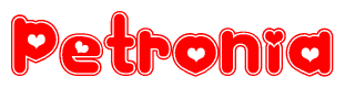 The image displays the word Petronia written in a stylized red font with hearts inside the letters.