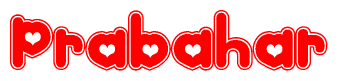 The image is a clipart featuring the word Prabahar written in a stylized font with a heart shape replacing inserted into the center of each letter. The color scheme of the text and hearts is red with a light outline.