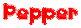 The image is a red and white graphic with the word Pepper written in a decorative script. Each letter in  is contained within its own outlined bubble-like shape. Inside each letter, there is a white heart symbol.