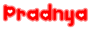 The image is a clipart featuring the word Pradnya written in a stylized font with a heart shape replacing inserted into the center of each letter. The color scheme of the text and hearts is red with a light outline.