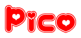 The image is a clipart featuring the word Pico written in a stylized font with a heart shape replacing inserted into the center of each letter. The color scheme of the text and hearts is red with a light outline.