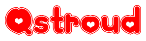The image is a red and white graphic with the word Qstroud written in a decorative script. Each letter in  is contained within its own outlined bubble-like shape. Inside each letter, there is a white heart symbol.
