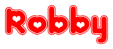 The image is a red and white graphic with the word Robby written in a decorative script. Each letter in  is contained within its own outlined bubble-like shape. Inside each letter, there is a white heart symbol.