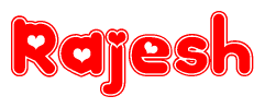 The image is a clipart featuring the word Rajesh written in a stylized font with a heart shape replacing inserted into the center of each letter. The color scheme of the text and hearts is red with a light outline.