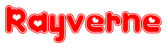 The image is a clipart featuring the word Rayverne written in a stylized font with a heart shape replacing inserted into the center of each letter. The color scheme of the text and hearts is red with a light outline.