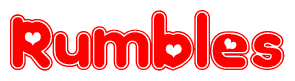 The image is a clipart featuring the word Rumbles written in a stylized font with a heart shape replacing inserted into the center of each letter. The color scheme of the text and hearts is red with a light outline.