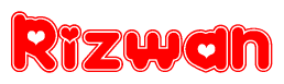 The image is a clipart featuring the word Rizwan written in a stylized font with a heart shape replacing inserted into the center of each letter. The color scheme of the text and hearts is red with a light outline.