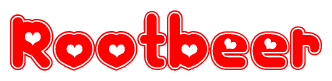 The image displays the word Rootbeer written in a stylized red font with hearts inside the letters.