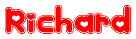 The image is a red and white graphic with the word Richard written in a decorative script. Each letter in  is contained within its own outlined bubble-like shape. Inside each letter, there is a white heart symbol.