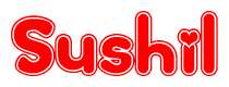 The image is a clipart featuring the word Sushil written in a stylized font with a heart shape replacing inserted into the center of each letter. The color scheme of the text and hearts is red with a light outline.