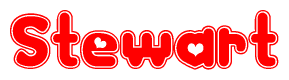 The image is a red and white graphic with the word Stewart written in a decorative script. Each letter in  is contained within its own outlined bubble-like shape. Inside each letter, there is a white heart symbol.