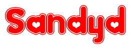 The image is a red and white graphic with the word Sandyd written in a decorative script. Each letter in  is contained within its own outlined bubble-like shape. Inside each letter, there is a white heart symbol.