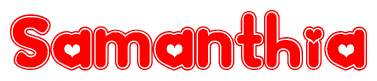 The image is a red and white graphic with the word Samanthia written in a decorative script. Each letter in  is contained within its own outlined bubble-like shape. Inside each letter, there is a white heart symbol.