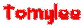 The image is a clipart featuring the word Tomylee written in a stylized font with a heart shape replacing inserted into the center of each letter. The color scheme of the text and hearts is red with a light outline.