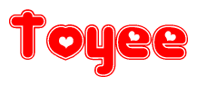 The image is a red and white graphic with the word Toyee written in a decorative script. Each letter in  is contained within its own outlined bubble-like shape. Inside each letter, there is a white heart symbol.