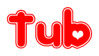 The image is a red and white graphic with the word Tub written in a decorative script. Each letter in  is contained within its own outlined bubble-like shape. Inside each letter, there is a white heart symbol.