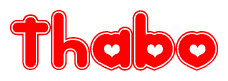 The image is a red and white graphic with the word Thabo written in a decorative script. Each letter in  is contained within its own outlined bubble-like shape. Inside each letter, there is a white heart symbol.
