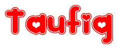 The image displays the word Taufiq written in a stylized red font with hearts inside the letters.