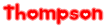 The image is a clipart featuring the word Thompson written in a stylized font with a heart shape replacing inserted into the center of each letter. The color scheme of the text and hearts is red with a light outline.