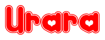 The image is a clipart featuring the word Urara written in a stylized font with a heart shape replacing inserted into the center of each letter. The color scheme of the text and hearts is red with a light outline.