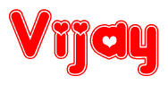 The image is a clipart featuring the word Vijay written in a stylized font with a heart shape replacing inserted into the center of each letter. The color scheme of the text and hearts is red with a light outline.