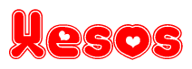 The image is a red and white graphic with the word Xesos written in a decorative script. Each letter in  is contained within its own outlined bubble-like shape. Inside each letter, there is a white heart symbol.