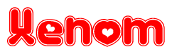 The image is a red and white graphic with the word Xenom written in a decorative script. Each letter in  is contained within its own outlined bubble-like shape. Inside each letter, there is a white heart symbol.