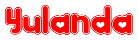 The image is a red and white graphic with the word Yulanda written in a decorative script. Each letter in  is contained within its own outlined bubble-like shape. Inside each letter, there is a white heart symbol.