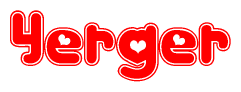 The image is a clipart featuring the word Yerger written in a stylized font with a heart shape replacing inserted into the center of each letter. The color scheme of the text and hearts is red with a light outline.