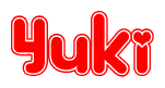 The image is a clipart featuring the word Yuki written in a stylized font with a heart shape replacing inserted into the center of each letter. The color scheme of the text and hearts is red with a light outline.