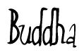 The image is of the word Buddha stylized in a cursive script.