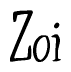 The image contains the word 'Zoi' written in a cursive, stylized font.