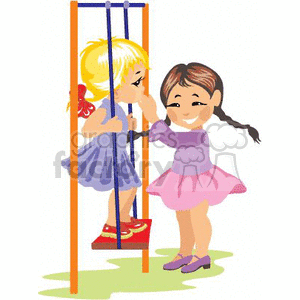 clipart - Two Young Girls Happy Playing on the Swing Together.