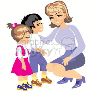 clipart - A Teacher Leaning Down to Talk to the Two Small Children.